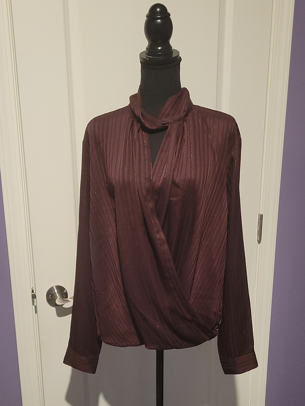 New York & Company Burgundy Surplice Long Sleeve Blouse